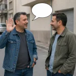 Left man waves and starts a greeting with an empty speech bubble.