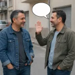 Right man waves back with an empty speech bubble in a male greeting exchange.