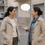 A woman asks another woman a question, shown with an empty oval speech bubble from the speaker.