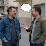 Right man asks how the other man is doing with an open-palm gesture and empty speech bubble.