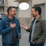 Left man gestures to himself and says he is fine with an empty speech bubble.