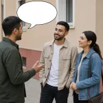 One person asks two people a question, shown with an empty oval speech bubble from the speaker.