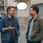 Left man asks how the other man is doing with an open-palm gesture and empty speech bubble.