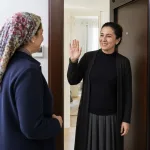 One woman warmly welcomes another woman at a doorway.