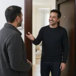 A male host at an apartment doorway welcomes a male guest with a restrained open-palm gesture.