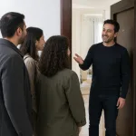 A male host at an apartment doorway welcomes several arriving visitors with an open-palm gesture.