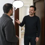 An arriving male guest responds after being welcomed, shown by an empty oval speech bubble from the guest.