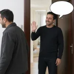 A male host waves goodbye to a male guest leaving the doorway, with an empty oval speech bubble from the host.