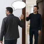 A male guest leaves a house and waves goodbye to the male host at the doorway, with an empty oval speech bubble from the leaving guest.