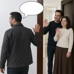 A male guest clearly turns away and leaves a house while saying goodbye to a married host couple, with an empty oval speech bubble from the guest.