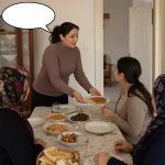 A woman serves a plate of food at a family table, shown speaking with a blank oval speech bubble.