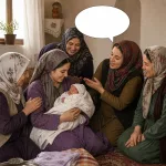 Relatives congratulate a mother holding a newborn, with a blank oval speech bubble.
