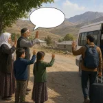A traveler receives a farewell wish before a trip, with a blank oval speech bubble.