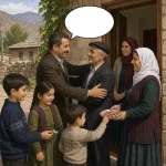 A holiday visit greeting scene with family members and a blank oval speech bubble.