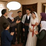 Relatives congratulate a newly married couple, with a blank oval speech bubble.