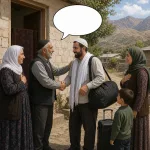 Relatives respectfully greet a returning traveler, with a blank oval speech bubble.