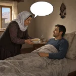 A visitor brings comfort to a sick person, with a blank oval speech bubble.