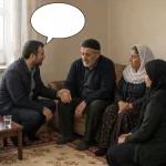 A condolence scene with a speaker offering comfort through a blank oval speech bubble.