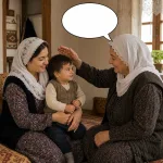 An older relative gives a warm blessing-like compliment for a child, with a blank oval speech bubble.