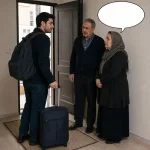 A young man leaves for a journey while his sad parents say goodbye; the mother has her hands folded in front and one parent has an empty oval speech bubble.