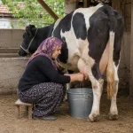 A woman milks a cow in a rural setting.