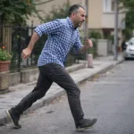 A man hurries quickly along a street.