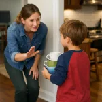 A child carefully carries cups to the kitchen while a mother gestures so they do not break.