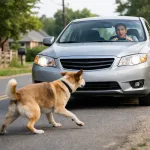 A dog suddenly steps into the road in front of a slow car as the driver stops safely.
