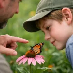 A person points toward a butterfly while another person looks closely at it.