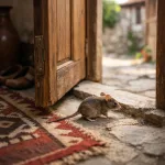 A mouse leaves a house through an open doorway.
