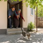 A married couple shoo a cat out of a detached house doorway.