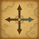 An old-style map with blank compass arrows, with the east arrow highlighted in a contrasting color.