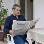 A man reads a newspaper with no legible writing visible.