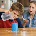 A boy making a harmless foolish mistake by trying to pour water into an upside-down cup.