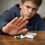 A hand pushes away unidentified harmful pills and a sealed packet in a health-and-safety refusal scene.