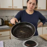 Burnt food residue in a small kitchen pan, clearly showing the result of burning.