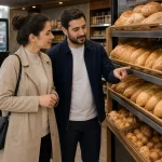 Two people at a Turkish bakery counter, with one confidently suggesting they buy fresh bread.