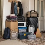A modest set of household goods and possessions arranged clearly as belongings.