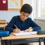 A student sitting at a desk in a Turkish classroom.