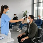 A calm public-health outbreak scene with people taking precautions in a clinic-like setting.