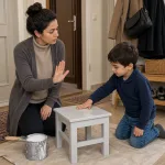 A mother warning a small child not to touch a freshly painted stool.