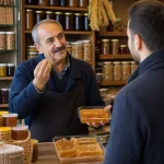 A Turkish shop seller presenting high-quality natural honeycomb in a container while making a positive quality gesture.