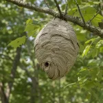 A wild hanging nest attached to a tree branch, shown without a beekeeper box.