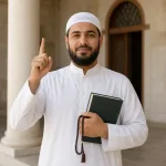 A calm religious man with prayer beads and a Qur'an, raising one finger upward to indicate belief in Allah.