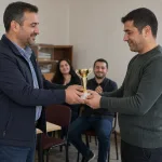 A person receiving a certificate and prize as a visible reward.
