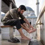 A man performing ablution at an outdoor mosque washing station, washing his foot with hands visible.
