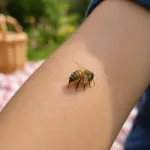 A bee stinging a human forearm in a close-up, non-graphic outdoor scene.