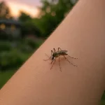 A mosquito biting a human arm in a close-up, non-graphic outdoor scene.
