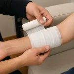 Close photo of a bandage being wrapped around a forearm.