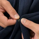Close-up of fingers pressing a metal snap fastener shut on dark knit fabric.